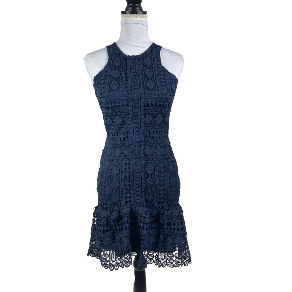 𝅺soieblu Navy Blue Crochet Dress Sleeveless Cut Out Back Ruffle Hem size Small